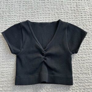 aerie Black Ribbed Twist-Front V-Neck Crop Top